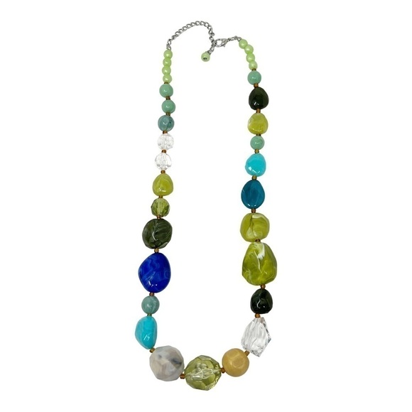 Multicolor Swirl Faceted Green Blue Clear Turquoise Color Lucite Beaded Necklace - Picture 2 of 7